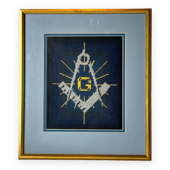 Vintage‎ Masonic Lodge Cross Stitch Gold Framed Matted Handmade Needlework - Picture 1 of 6